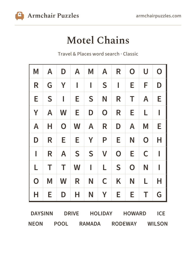 The printable Motel Chains word search sheet