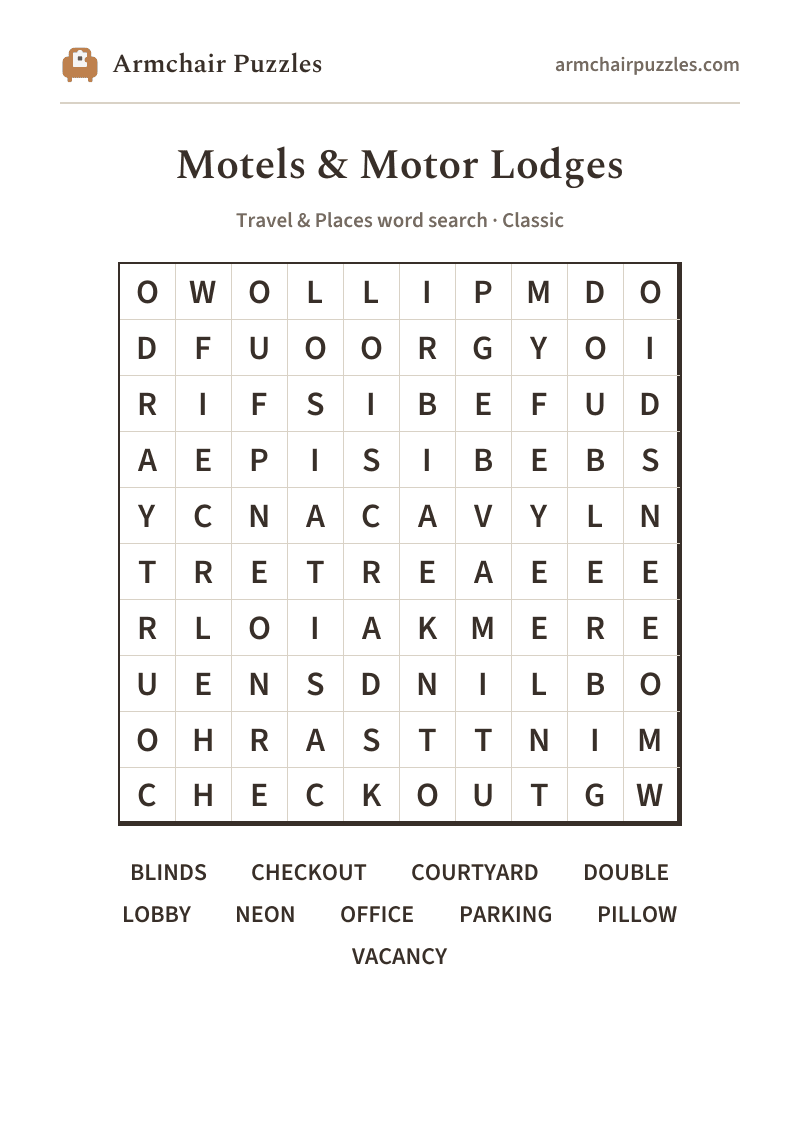 The printable Motels & Motor Lodges word search sheet