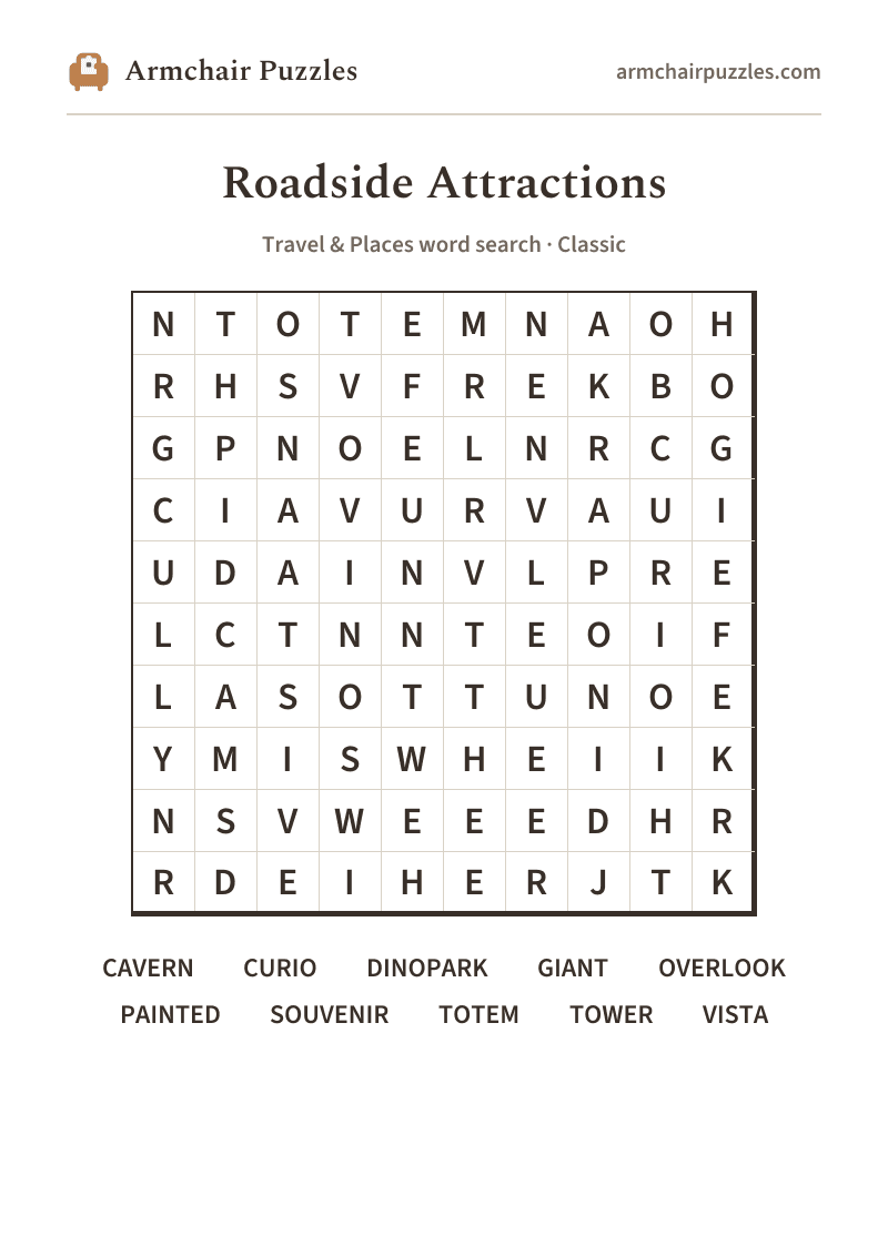 The printable Roadside Attractions word search sheet