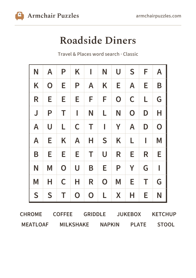 The printable Roadside Diners word search sheet