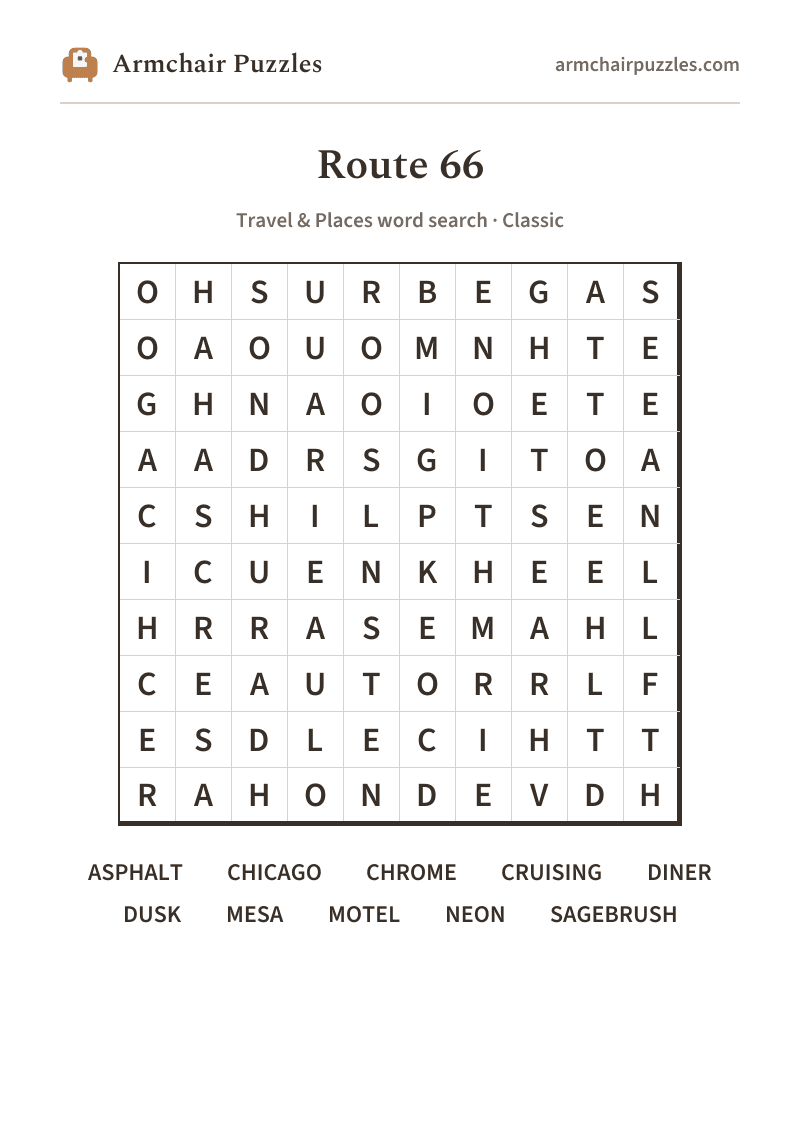 The printable Route 66 word search sheet in large print