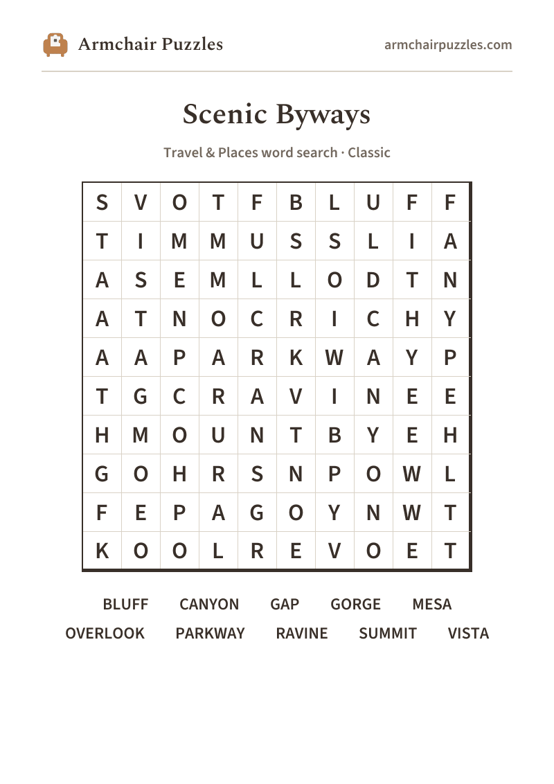 The printable Scenic Byways word search sheet