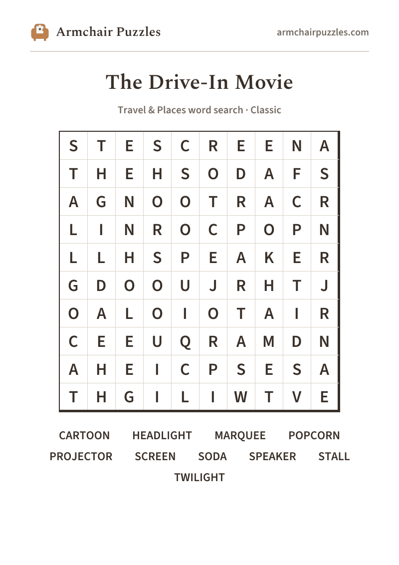 The printable The Drive-In Movie word search sheet