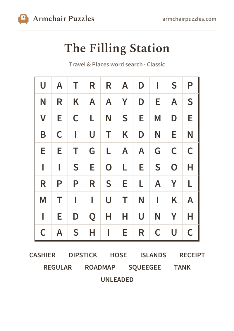 The printable The Filling Station word search sheet