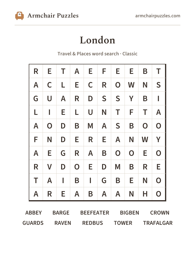 The printable London word search sheet