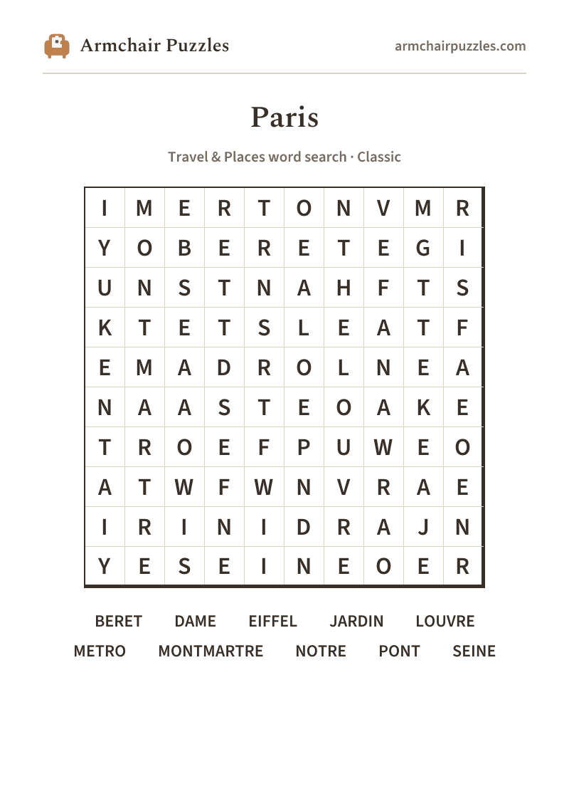 The printable Paris word search sheet