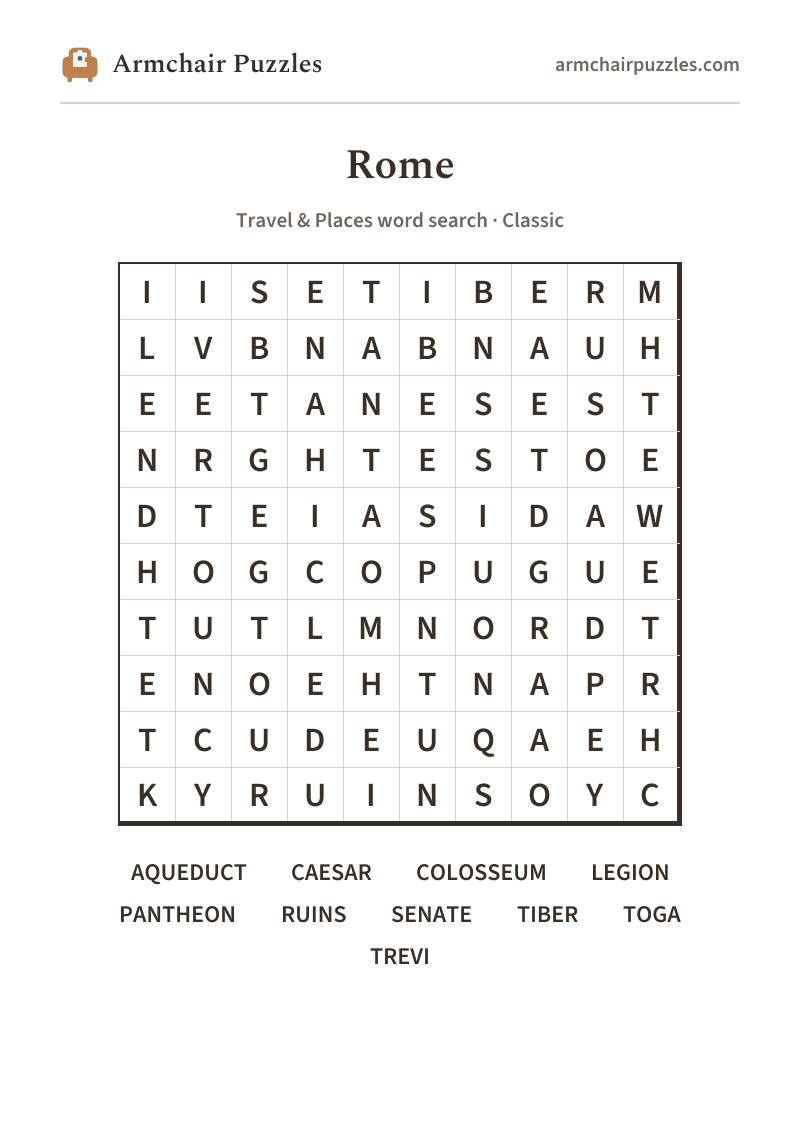 The printable Rome word search sheet