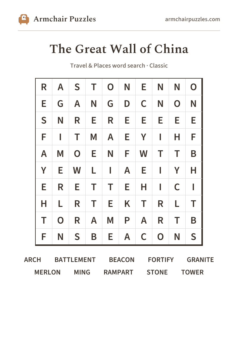 The printable The Great Wall of China word search sheet