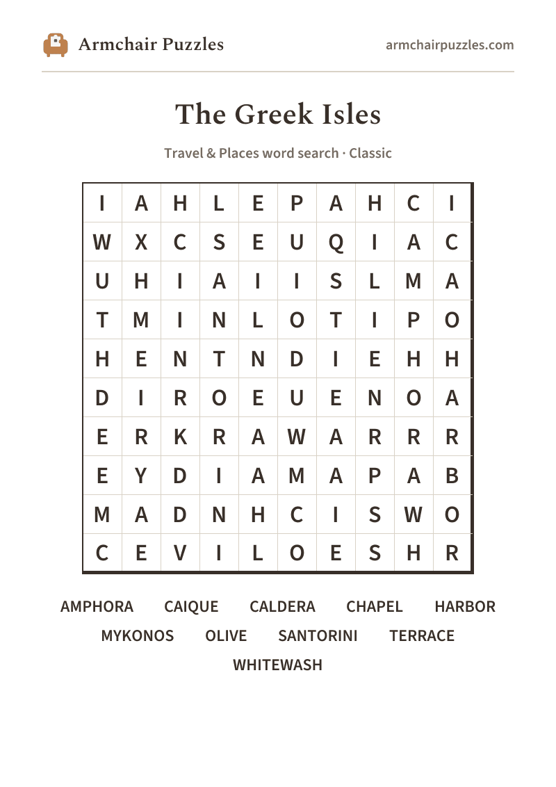 The printable The Greek Isles word search sheet