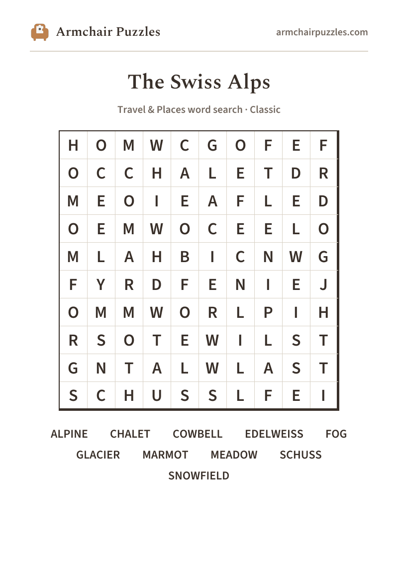 The printable The Swiss Alps word search sheet