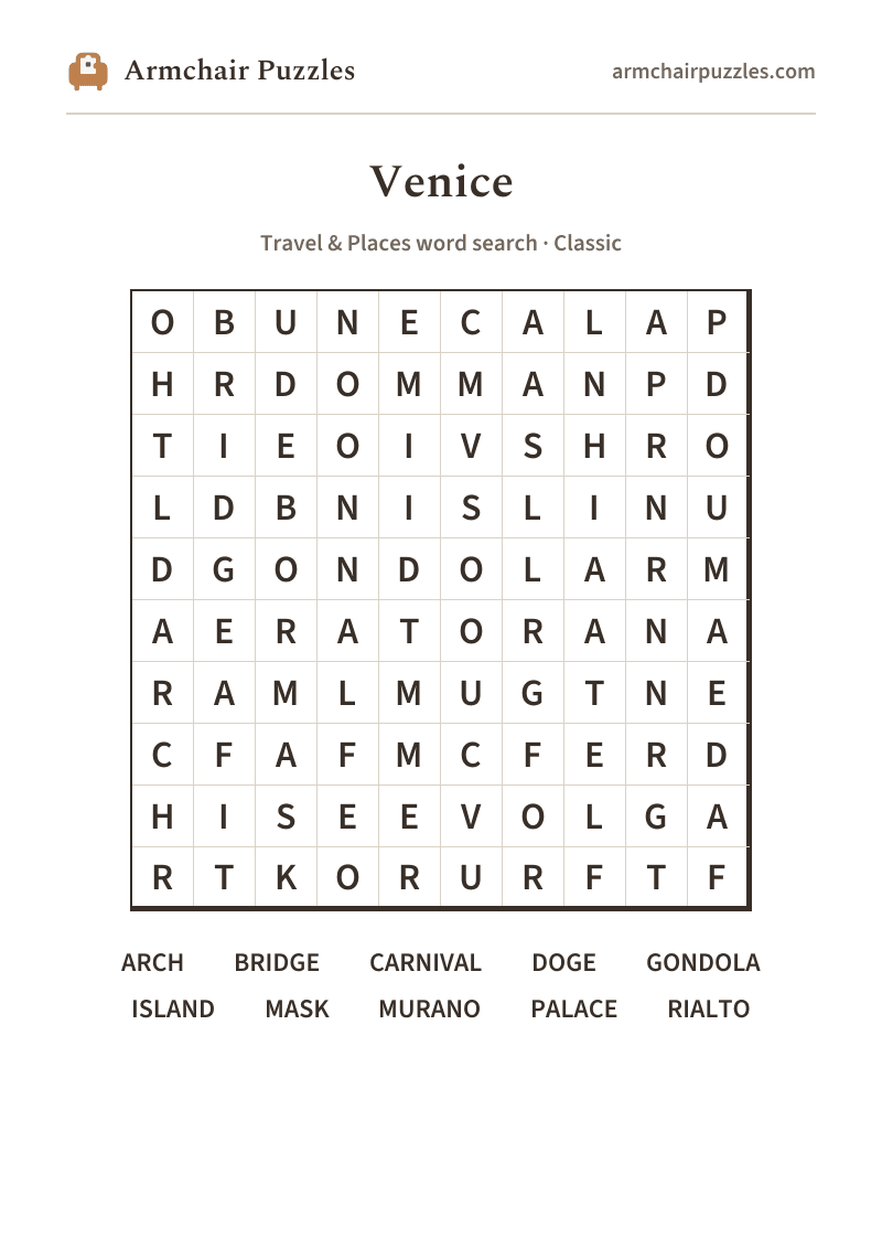 The printable Venice word search sheet