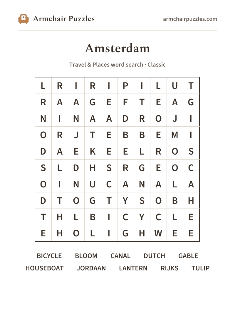 The printable Amsterdam word search sheet