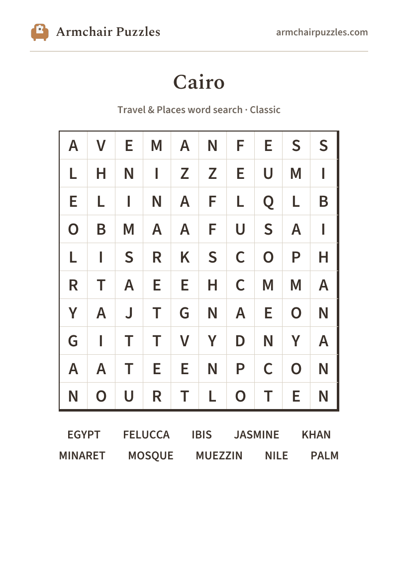 The printable Cairo word search sheet