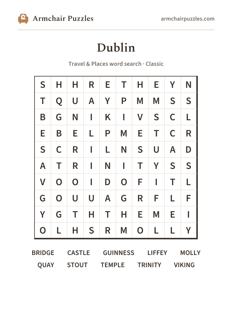 The printable Dublin word search sheet