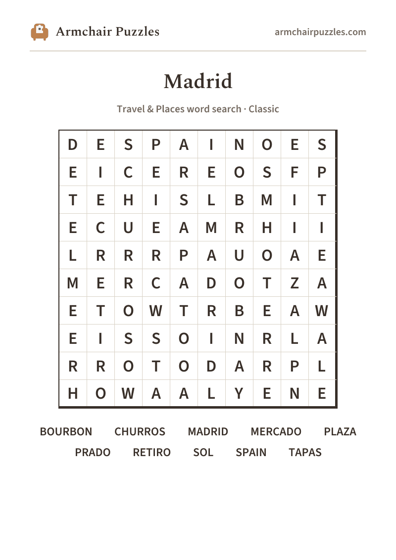 The printable Madrid word search sheet