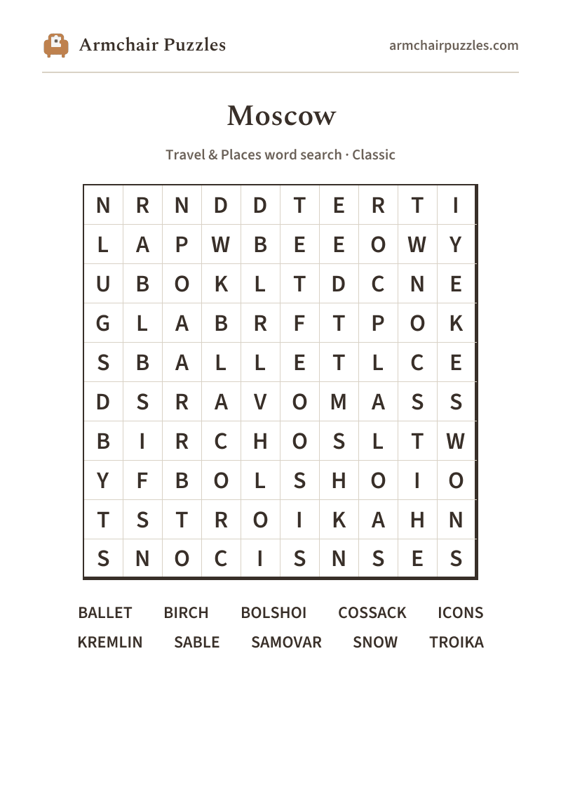 The printable Moscow word search sheet