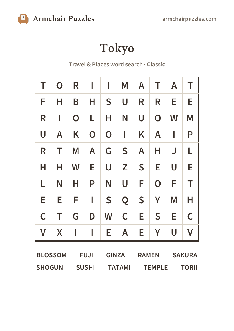 The printable Tokyo word search sheet