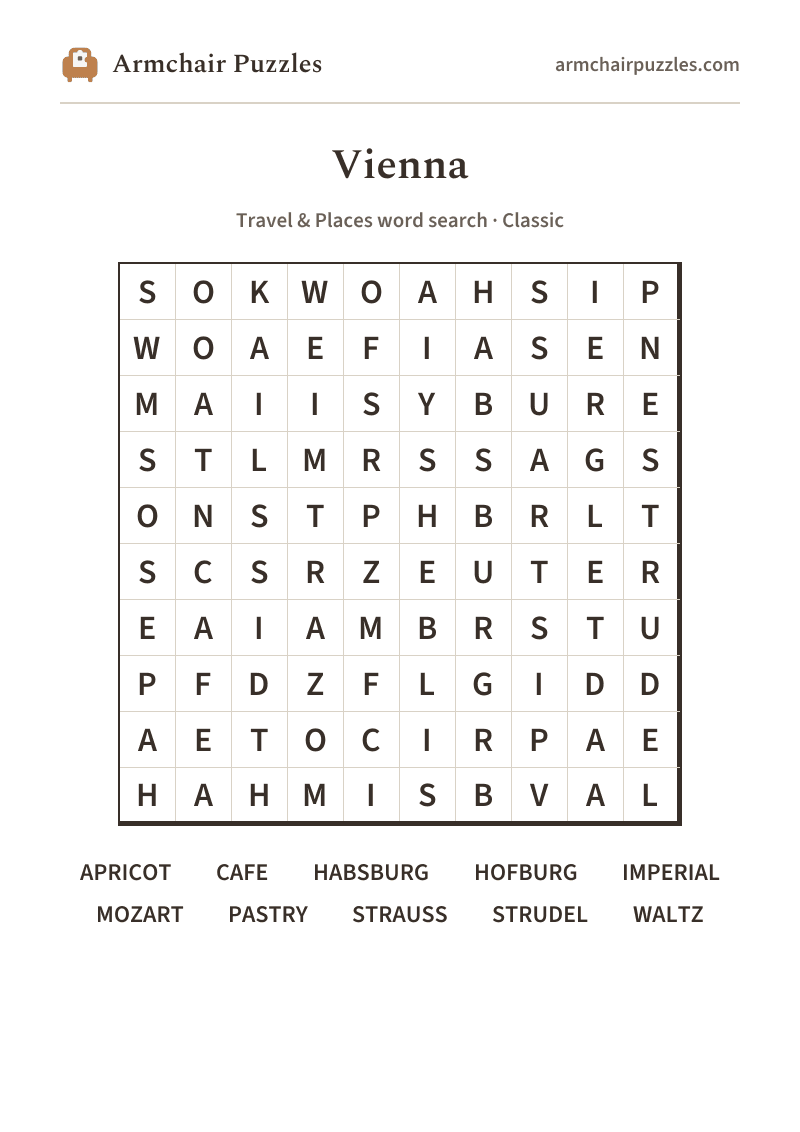 The printable Vienna word search sheet