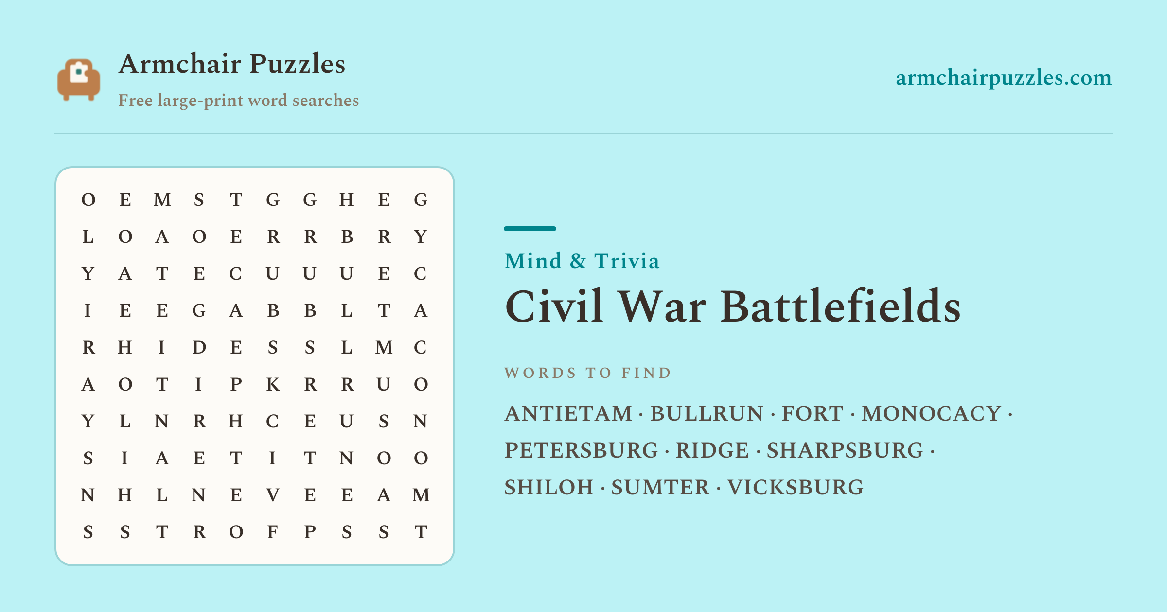 Civil War Battlefields word search to print