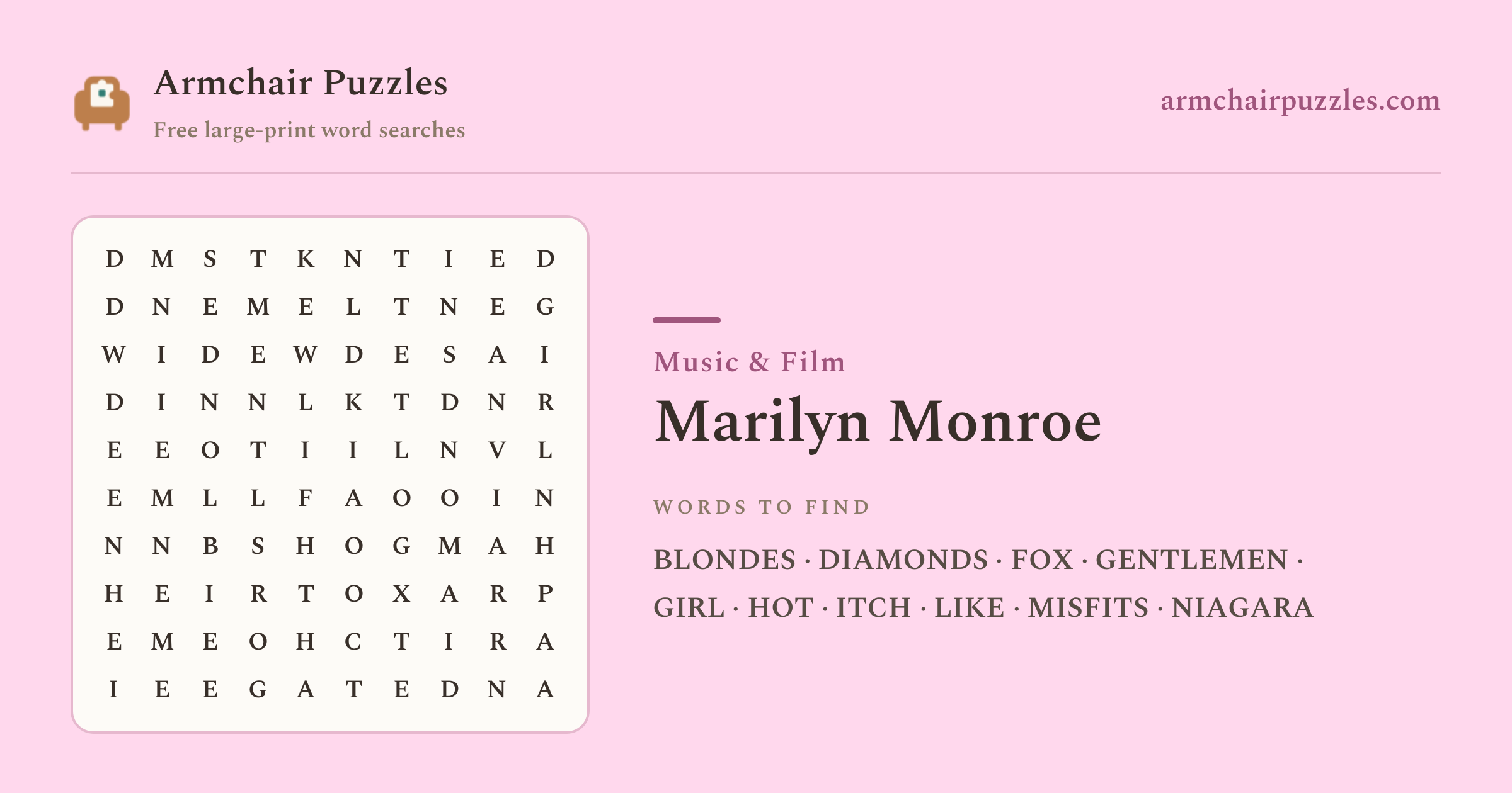 Marilyn Monroe word search to print